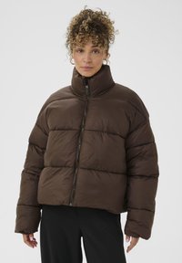 Rudos pūkinės striukės su aukštu kaklu, su priekiniais užtrauktukais ir horizontaliai siūtomis detalėmis. Pagaminta iš blizgaus, lygaus audinio.