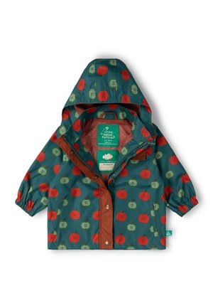 Wasserdichte Kinderjacke mit Kapuze, verziert mit roten und grünen Apfelmustern, brauner Knopfleiste, elastischen Bündchen und Fronttaschen.
