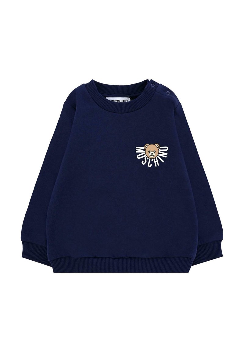 Felpa blu navy in tessuto morbido, con scollo rotondo, maniche lunghe e una grafica di un orso con la scritta "Moschino" sulla parte anteriore.
