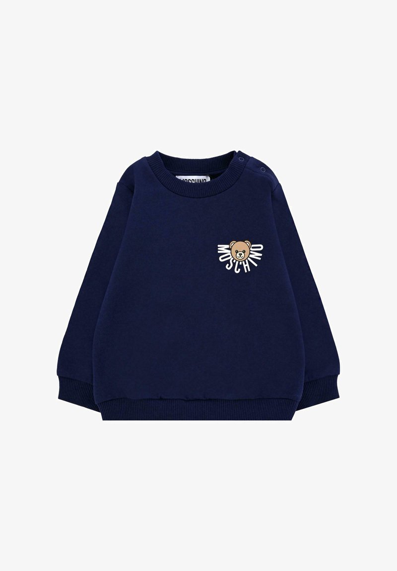 Felpa blu navy in tessuto morbido, con scollo rotondo, maniche lunghe e una grafica di un orso con la scritta "Moschino" sulla parte anteriore.