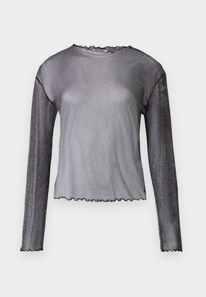 Sheer long-sleeve top in gradient gray with sparkle texture; features a scalloped neckline and hem for a delicate finish.