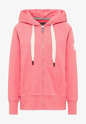 Sweat à capuche zippé rose avec poches avant, cordons blancs et poignets et ourlet côtelés.