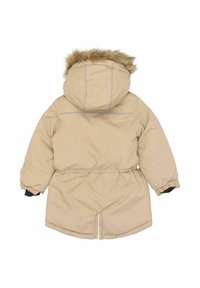 Khakifarbener gesteppter Parka mit Kapuze, die mit Kunstfell gefüttert ist, elastischer Taille, elastischen Bündchen und grauen Ziernähten. Glatte Textur, praktisches Design.