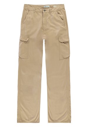 Beige cargo pants made from soft fabric featuring two large side pockets, two front pockets, and a straight fit design.