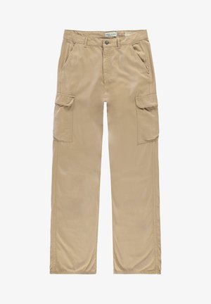 Beige cargo broeken gemaakt van zachte stof, met twee grote zijzakken, twee voorzakken en een rechte pasvorm.