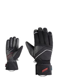 Guantes de invierno negros con palma de cuero y parte superior sintética, correas ajustables en las muñecas, acentos en rojo y blanco, y agarre texturizado.