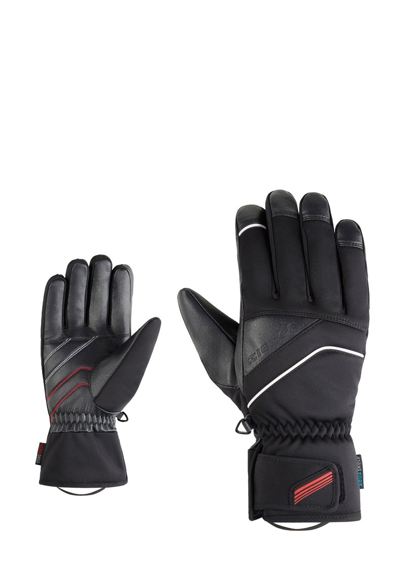 Guantes de invierno negros con palma de cuero y parte superior sintética, correas ajustables en las muñecas, acentos en rojo y blanco, y agarre texturizado.