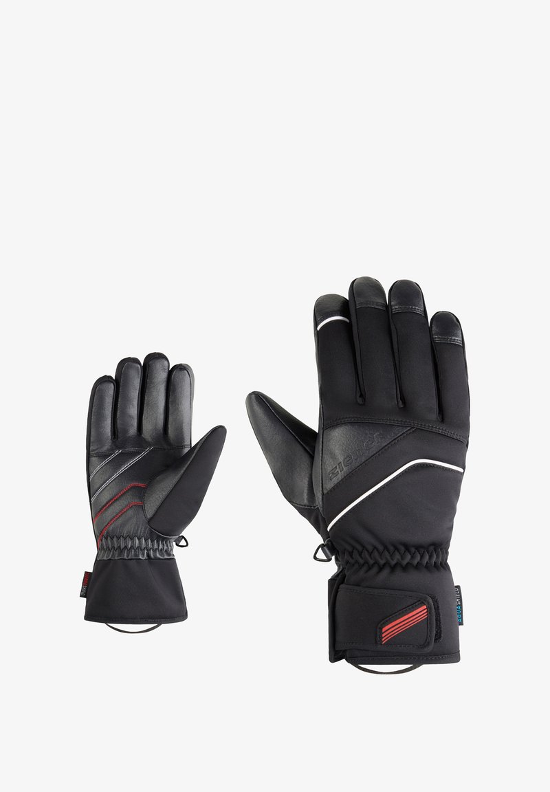 Zwarte winterhandschoenen met leren palm en synthetische bovenkant, verstelbare polsbanden, rode en witte accenten, en textuur voor grip.