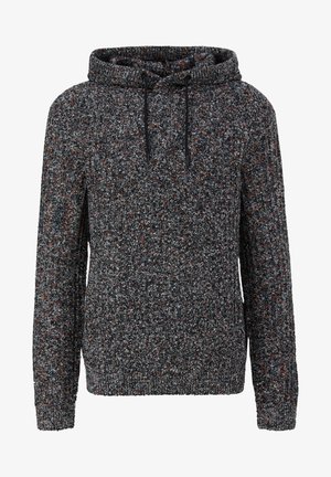 Haut en tricot de couleur gris foncé avec des paillettes rouges et bleues. Il présente un tissage texturé, une capuche ajustable avec cordons de serrage, et des poignets et un ourlet côtelés.