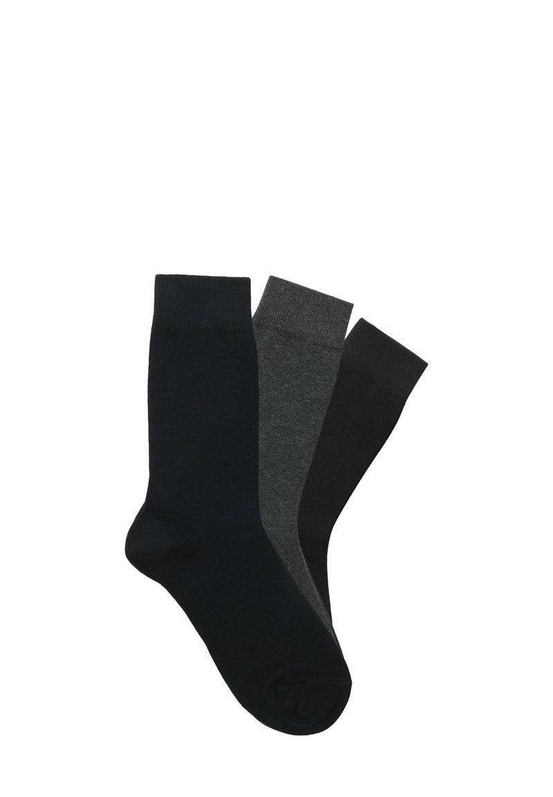 Tre paia di calzini in colori solidi: uno blu navy scuro, uno grigio antracite e uno nero. Presentano un design tipico di lunghezza alla caviglia.
