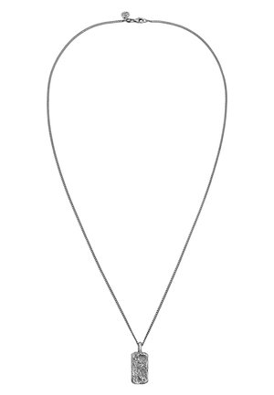 Silver necklace with a textured rectangular pendant, featuring a smooth chain and a secure clasp. Pendant has intricate surface detailing.