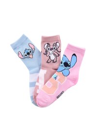 Tres pares de calcetines de algodón con diseños de dibujos animados. Los colores incluyen azul claro, rosa y púrpura, con varios gráficos de personajes y patrones a rayas.