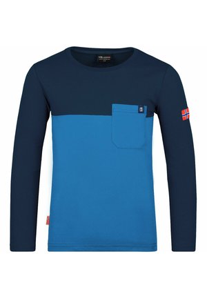 Langarm-Shirt mit einem dunkelblauen oberen Abschnitt und einem helleren blauen unteren Teil. Enthält eine Fronttasche und ein Akzent am Ärmel.