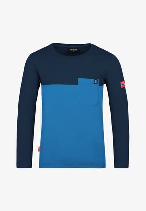 Langarm-Shirt mit einem dunkelblauen oberen Abschnitt und einem helleren blauen unteren Teil. Enthält eine Fronttasche und ein Akzent am Ärmel.