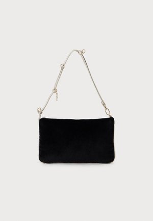 Rectangular black velvet clutch bag with silver chain strap. Smooth texture with a metallic edge and brand tag detail.