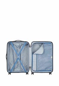 Valigia nera con interno blu. Presenta cinghie incrociate, un compartimento con zip e una sezione pieghevole con una superficie a motivi.