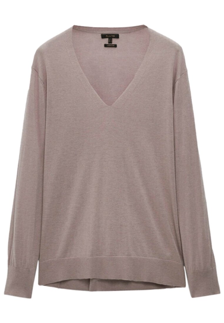 Pull à manches longues en V en tissu mauve doux, avec une coupe décontractée, des poignets côtelés et un ourlet droit avec des fentes latérales.