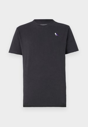 Black cotton t-shirt featuring a round neck and short sleeves, with a small multicolored bird logo on the left chest.
