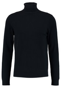 Pull à col roulé noir en tissu tricoté doux, avec manches longues, coupe ajustée, et poignets et ourlet côtelés. Sans motifs ni ornements.