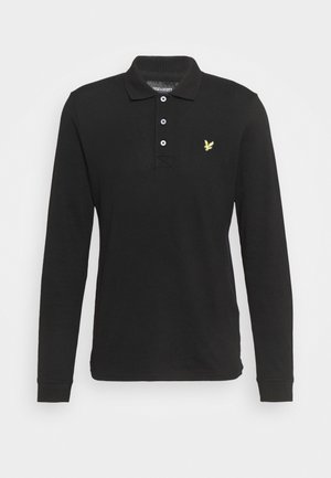 Black long-sleeve polo shirt made of cotton. Features a collared neck, three-button placket, and a small yellow logo on the left chest.