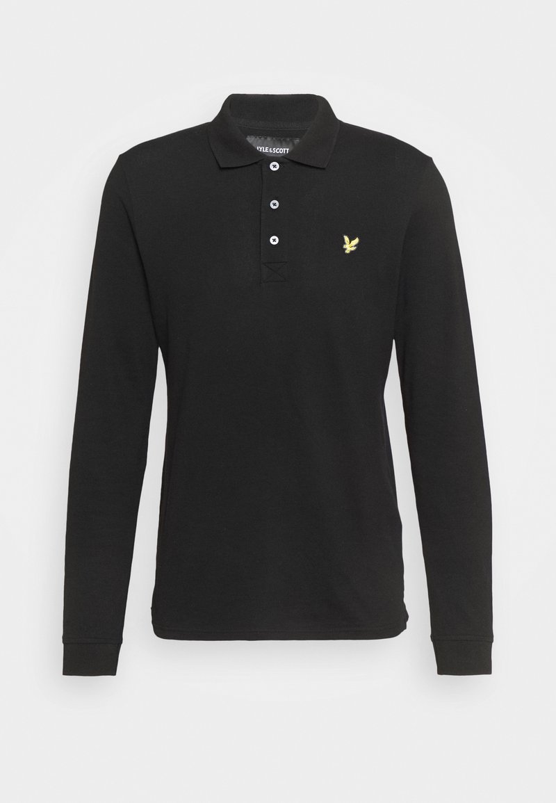 Zwart langemouwen polo shirt van katoen. Voorzien van een kraag, een drievoudige knoopsluiting en een klein geel logo op de linkerborst.