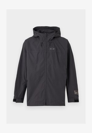 Schwarze Kapuzen-Windjacke mit Frontreißverschluss und verstellbaren Handgelenksriemen, flach auf hellem Hintergrund abgebildet.