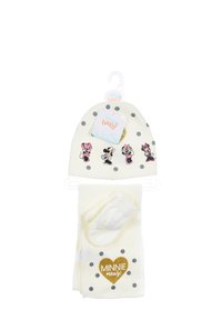 Beanie lavorato a maglia bianco con pois grigi e disegni di Topolino ricamati. Include guanti abbinati con la scritta "Minnie Mouse" in oro.