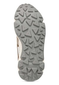 Grau gummierte Außensohle mit dreieckigem Profil; mit hellen Akzenten und dem eingeprägten Branding "Flower Mountain" an der Seite.