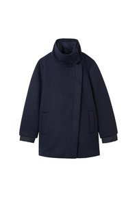 Manteau bleu marine mi-long avec col haut, fermeture devant dissimulée, manches longues et deux poches latérales.