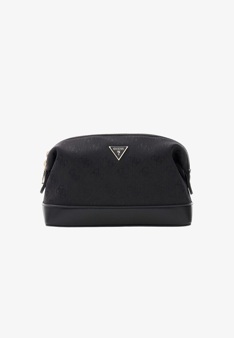 Μαύρη καλλυντική τσάντα Guess με διακριτικό μοτίβο λογότυπου, μεταλλικό τρίγωνο έμβλημα της μάρκας και φερμουάρ στο πάνω μέρος.