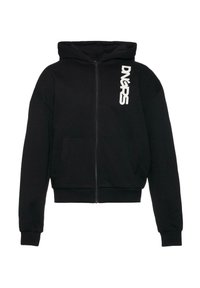 Haut à capuche zippé noir en mélange de coton, doté d'une poche kangourou et d'un logo blanc sur le côté gauche.