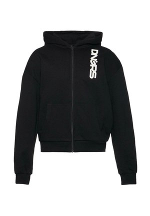Black zip-up hoodie made of cotton-blend material, featuring a kangaroo pocket and white logo on the left front side.