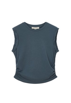 Dunkelblaues ärmelloses Oberteil mit rundem Halsausschnitt, das an den Seiten Raffung hat und aus glattem, weichem Stoff für Komfort gefertigt ist.