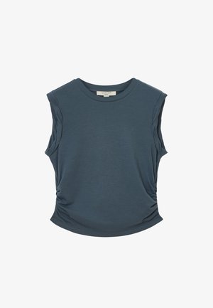 Dunkelblaues ärmelloses Oberteil mit rundem Halsausschnitt, das an den Seiten Raffung hat und aus glattem, weichem Stoff für Komfort gefertigt ist.