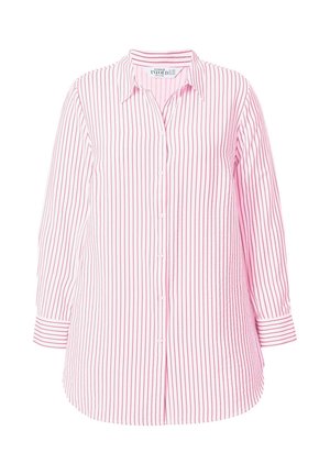 Langärmliges Hemd mit Knopfleiste in Hellrosa mit schmalen weißen Streifen. Verfügt über einen klassischen Kragen und einen abgerundeten Saum. Weicher Stoff.