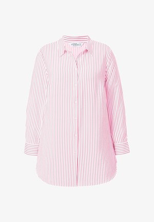Langärmliges Hemd mit Knopfleiste in Hellrosa mit schmalen weißen Streifen. Verfügt über einen klassischen Kragen und einen abgerundeten Saum. Weicher Stoff.