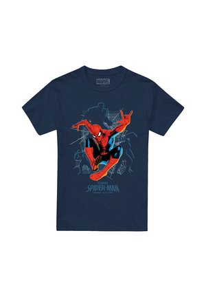 Navy blue t-shirt with Spider-Man in red and blue costume crouching with webs and shadowy figures in background and "Spider-Man Brand New Day" text.