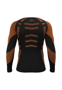 Long-sleeve athletic shirt, black with orange accents and textured patterns. Slim fit, moisture-wicking fabric designed for comfort.