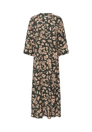 Tmavozelené šaty vyrobené z mäkkej tkaniny, s kvetinovým vzorom v svetlej béžovej farbe. Dizajn obsahuje výstrih do V a rukávy po trištvrte.