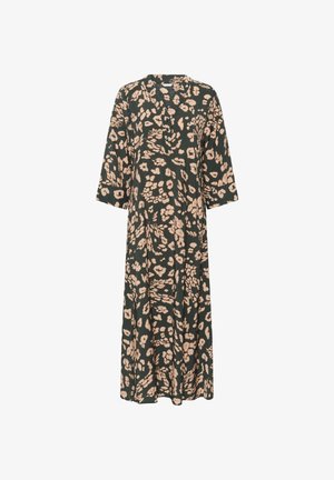 Robe vert foncé en tissu doux, ornée d'un motif floral en beige clair. Le design comprend un décolleté en V et des manches trois-quarts.