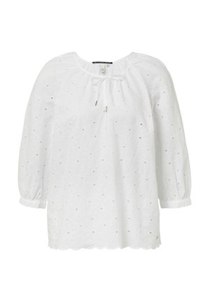 Witte katoenen blouse met een golvende zoom, driekwartmouwen en een koordsluiting bij de hals. Bevat geborduurde bloemenpatronen met uitsnijdingen.