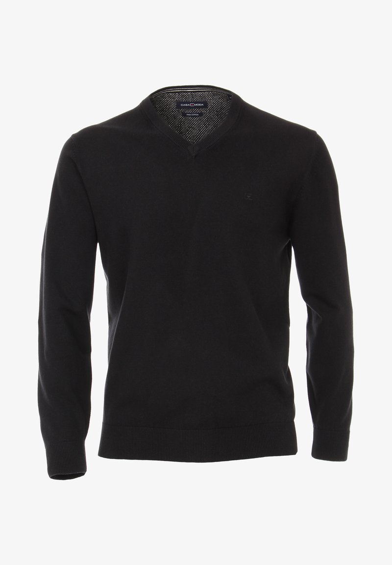 Fekete V nyakú pulóver puha kötött anyagból. Hosszú ujjakkal, bordás mandzsettával és hellyel rendelkezik, amelyen egy diszkrét hímzett logó található a mellrészen.