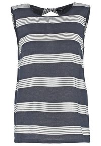 Top senza maniche blu navy con strisce orizzontali bianche, caratterizzato da un scollo rotondo e un piccolo dettaglio a chiave sul retro.