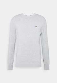 Jasnoszary sweter wykonany z miękkiego dzianiny, z długimi rękawami i prążkowanym dekoltem. Zawiera małe zielone logo na piersi.