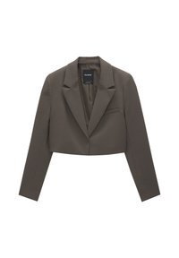 Verkorte blazer in een gedempte bruine kleur, gemaakt van gladde stof. Voorzien van ingesneden revers, één zak en lange mouwen.