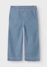 Light blue striped wide-leg pants with an elastic waistband and a soft texture, featuring a simple hemline without additional accents.