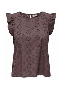 Blusa corta a maniche corte di colore marrone con motivo floreale a intaglio, dettaglio arricciato sulle spalle e chiusura posteriore a chiave. Tessuto dalla texture morbida.