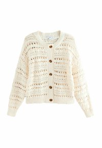 Sweter kardigan w kremowym kolorze z ażurowymi wzorami, długimi rękawami, prążkowanymi mankietami i dołem, oraz sześcioma drewnianymi guzikami z przodu.