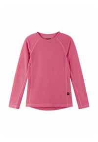 Camicia a maniche lunghe, leggera, di un vivace rosa con una superficie testurizzata, scollatura rotonda e cuciture bianche a contrasto. Etichetta del logo sull'orlo.