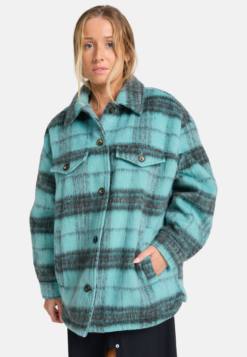 Turquoise en grijze geruite, oversized fleece jas met knoopsluitingen en twee borstzakken, met een brede kraag en gestructureerde stof.